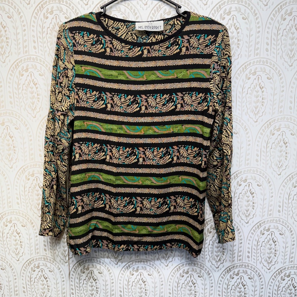 Ms Interpret Vintage Blouse Womens 8 Black Green Rayon Mixed Print Shoulder Pads